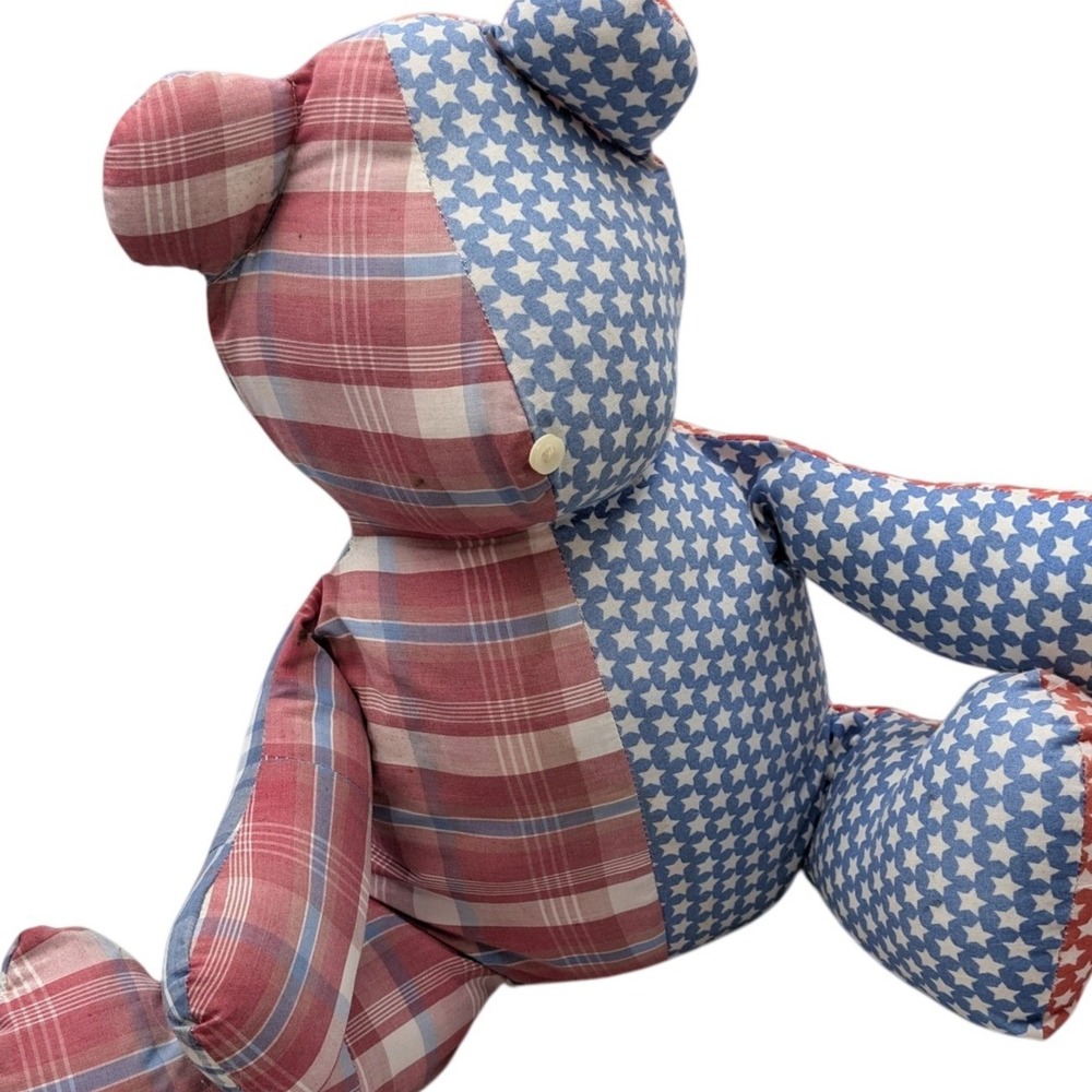 Handmade Patchwork Quilt Teddy Bear Red White Blue Plaid Star Americana 14in
